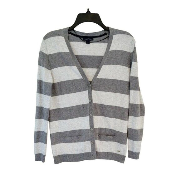 Tommy Hilfiger Button Front Cardigan Women's Medium Gray Striped V-Neck - Picture 1 of 4